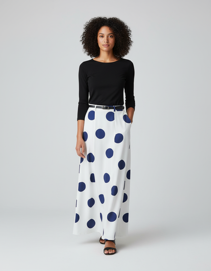 Jupe Longue Blanche À Pois Fluide