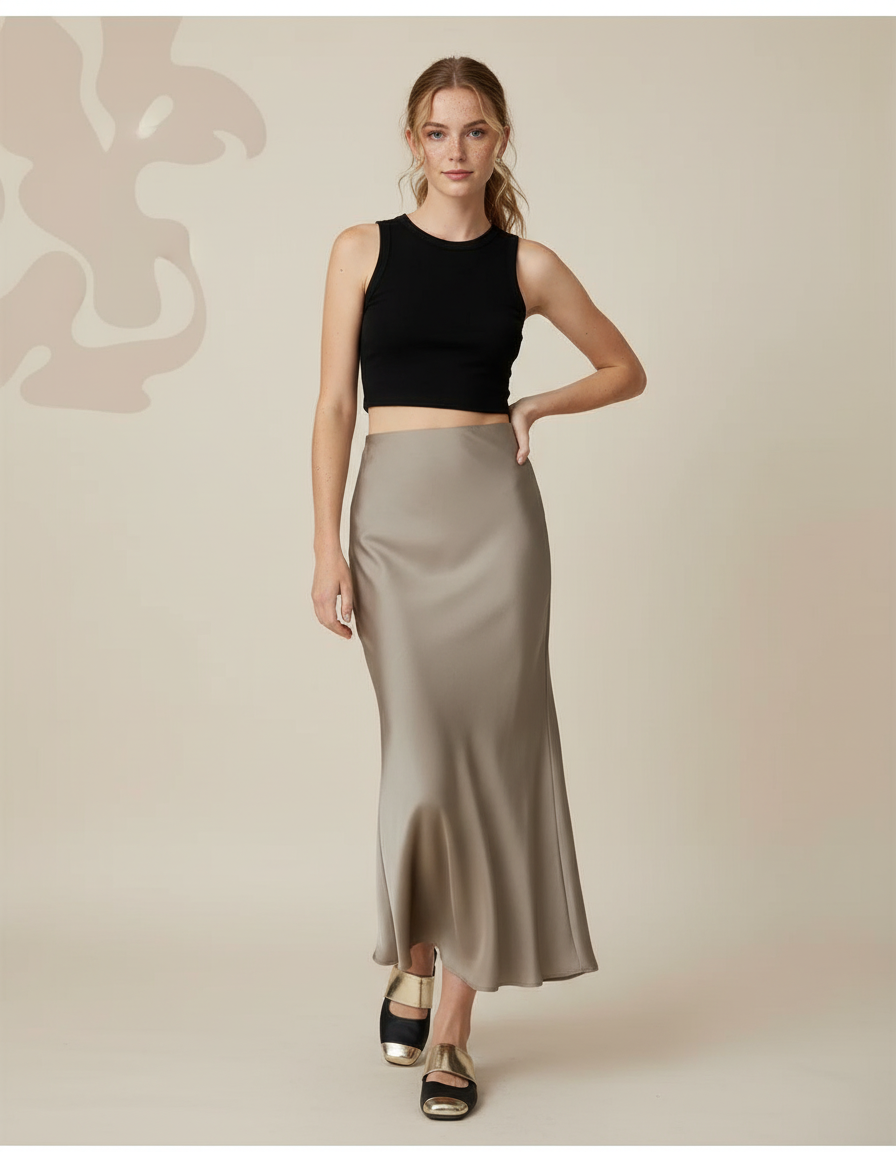 Jupe Longue Satin Champagne Fluide Femme