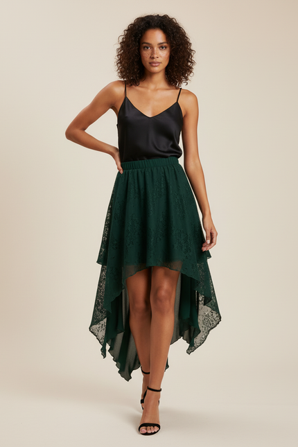 Jupe Longue Fluide Dentelle Asymétrique Verte