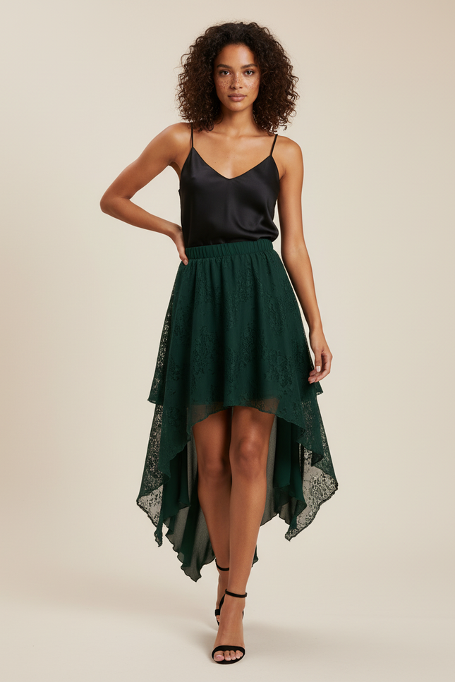 Jupe Longue Fluide Dentelle Asymétrique Verte