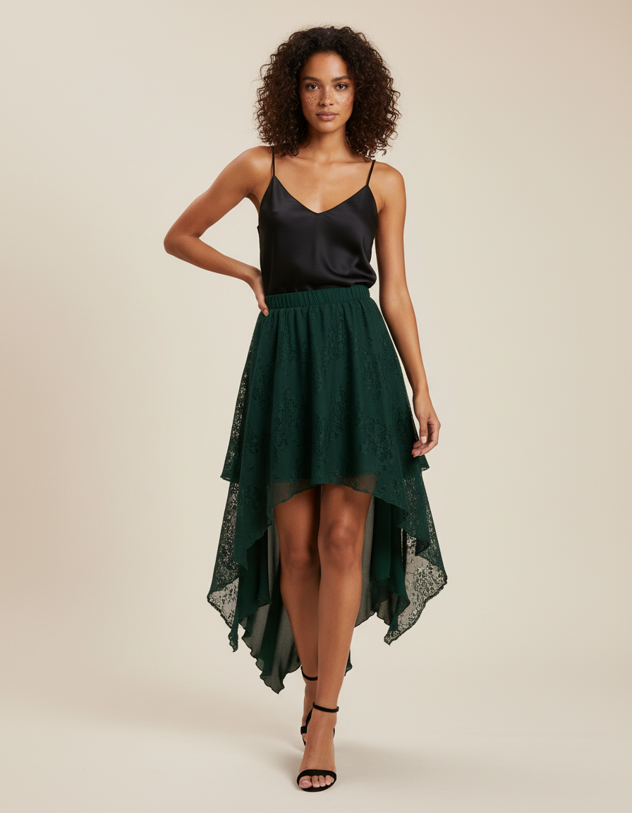 Jupe Longue Fluide Dentelle Asymétrique Verte