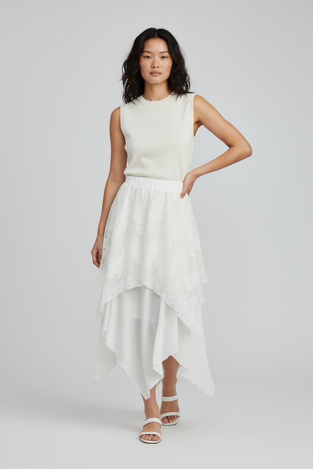 Jupe Longue Blanche Dentelle Asymétrique Fluide