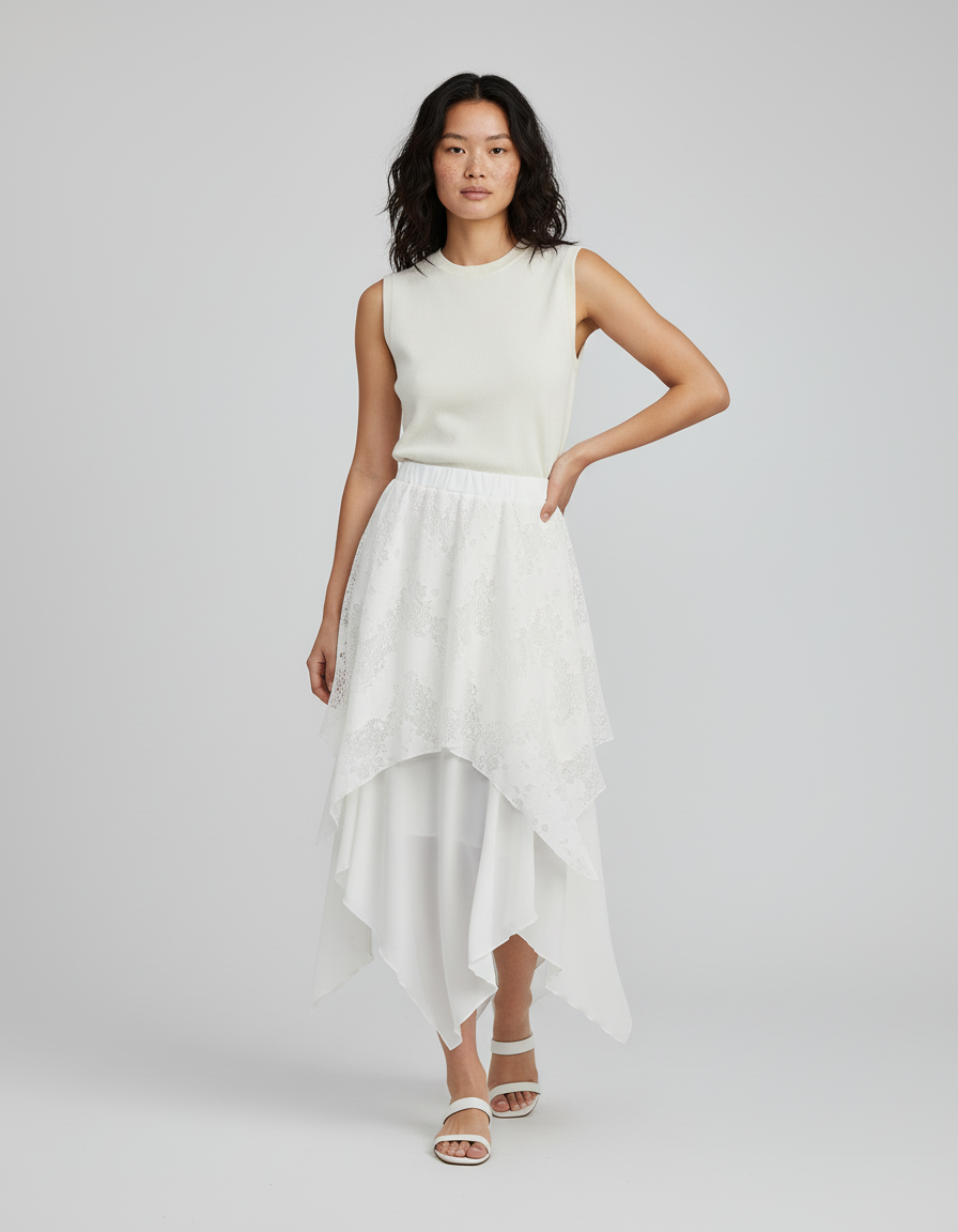 Jupe Longue Blanche Dentelle Asymétrique Fluide
