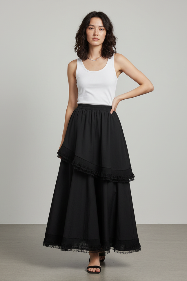 Jupe Longue Noire Volants Dentelle Bohème