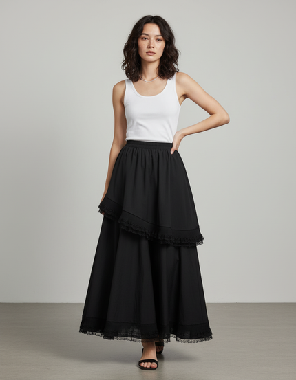 Jupe Longue Noire Volants Dentelle Bohème