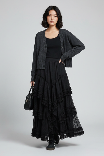 Jupe Longue Noire À Volants Élégante