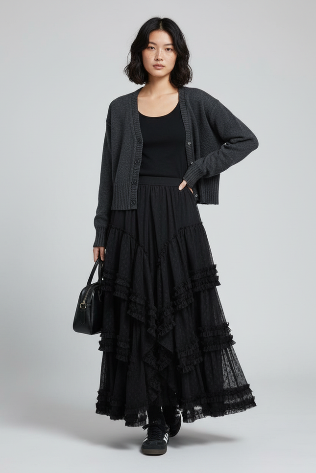 Jupe Longue Noire À Volants Élégante