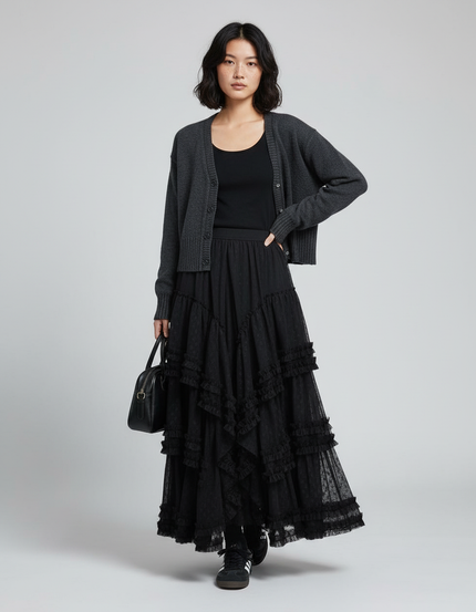 Jupe Longue Noire À Volants Élégante