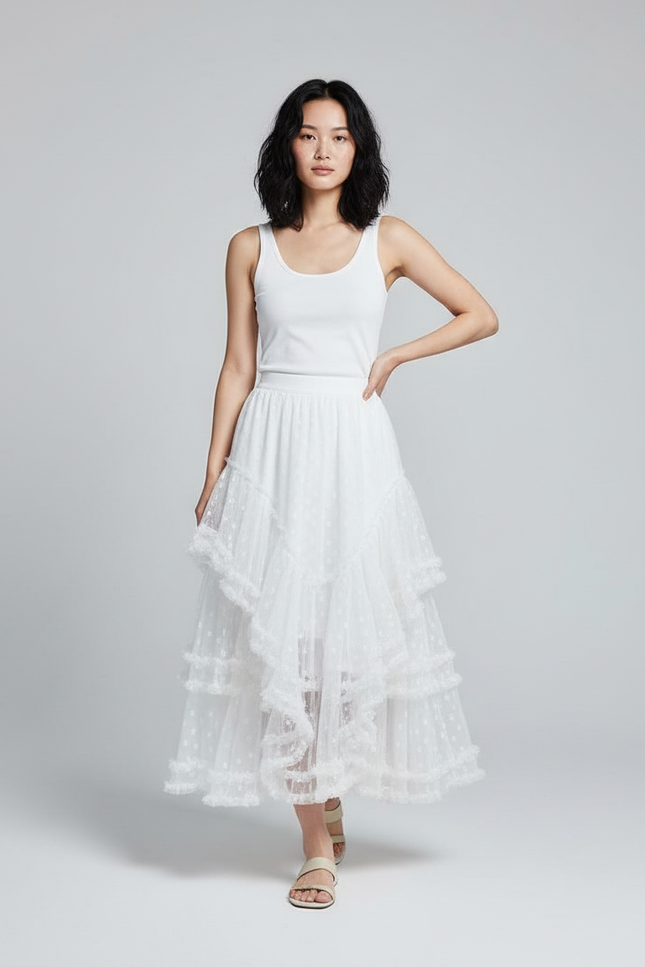 Jupe Longue Blanche À Volants Fluide Bohème