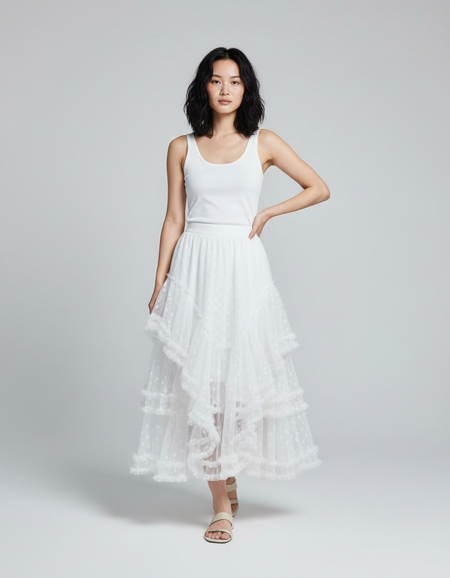 Jupe Longue Blanche À Volants Fluide Bohème