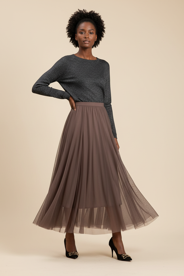 Jupe Longue Taupe Tulle Fluide