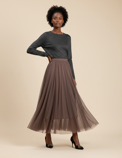 Jupe Longue Taupe Tulle Fluide