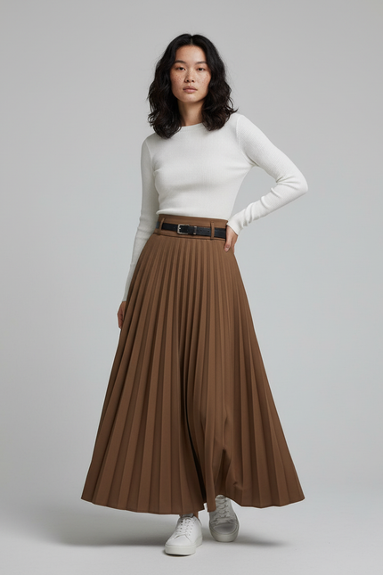 Jupe Longue Plissée Marron Élégante Tendance