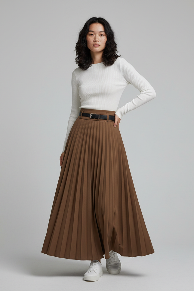 Jupe Longue Plissée Marron Élégante Tendance