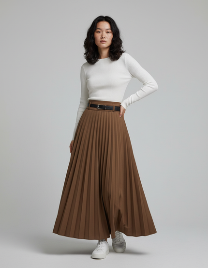 Jupe Longue Plissée Marron Élégante Tendance