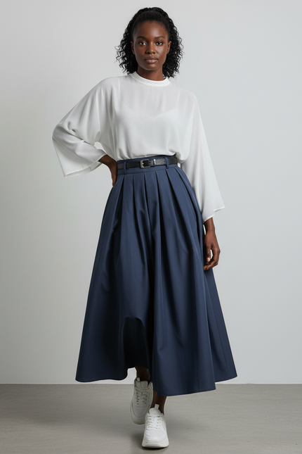 Jupe Longue Bleu Marine Plissée Chic