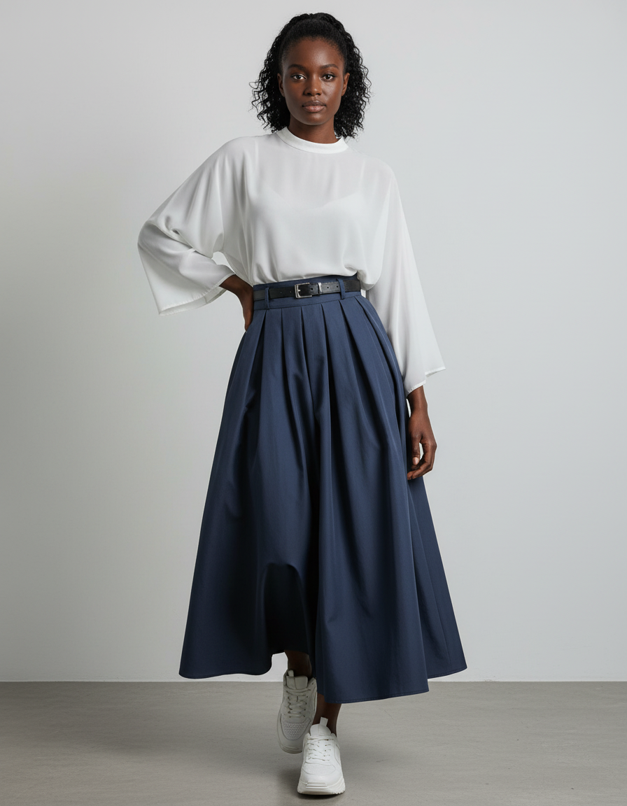 Jupe Longue Bleu Marine Plissée Chic