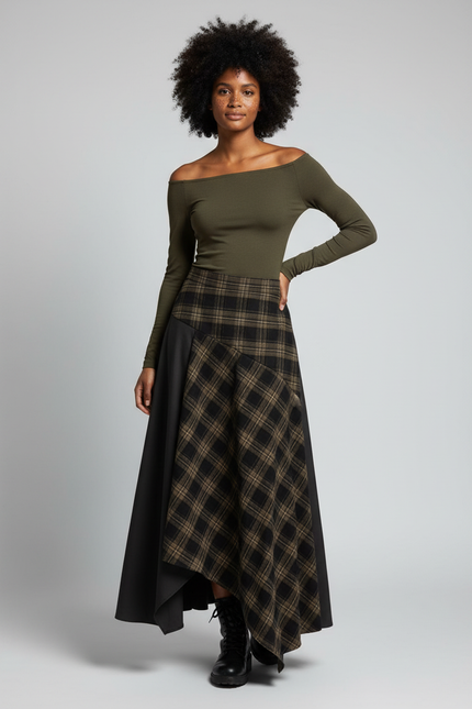 Jupe Longue Plaid Asymétrique Grunge