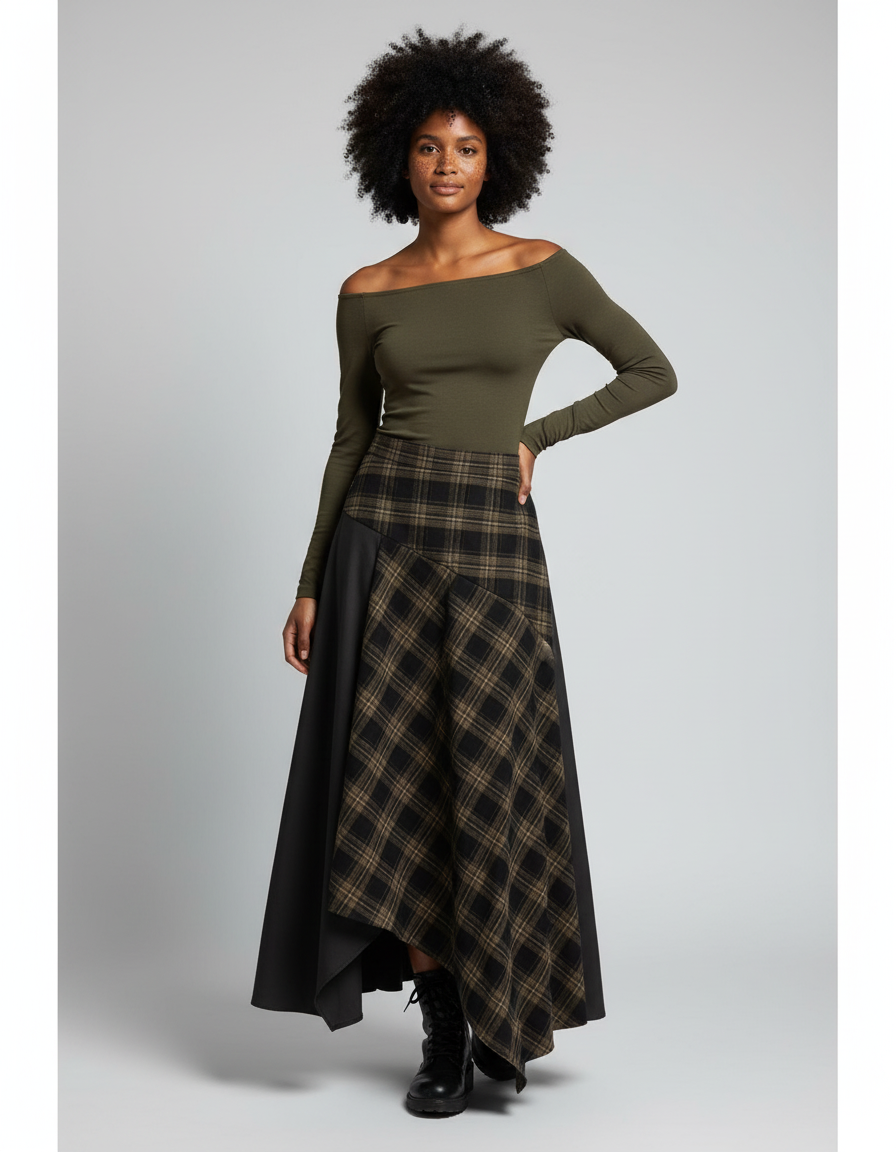 Jupe Longue Plaid Asymétrique Grunge