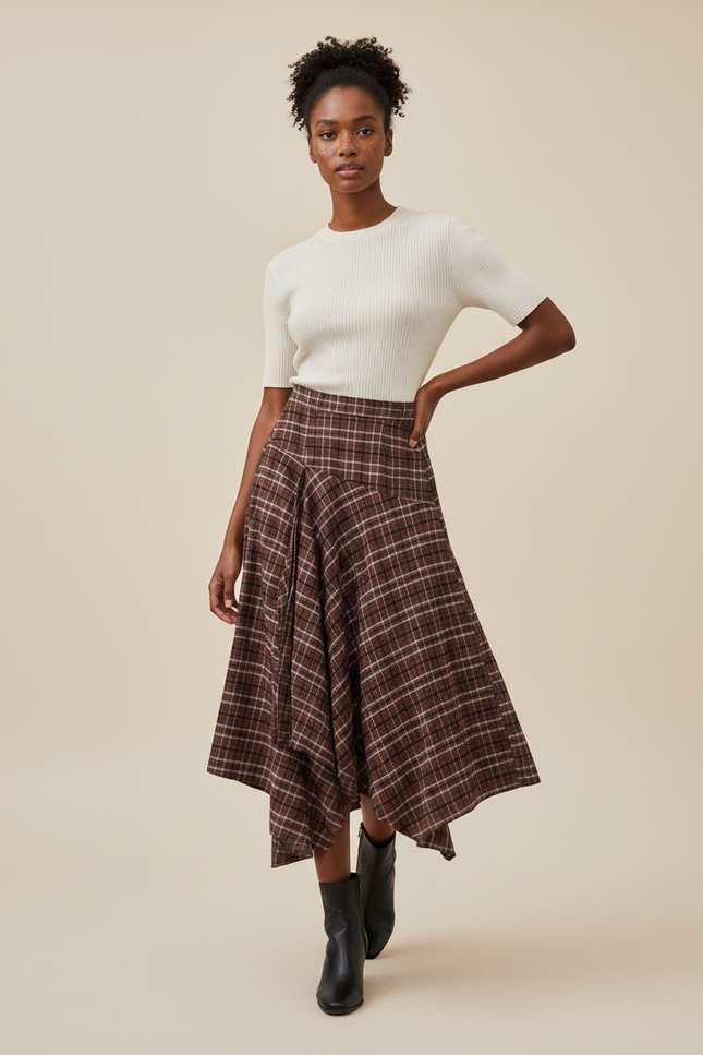 Jupe Longue Carreaux Marron Ourlet Asymétrique Vintage
