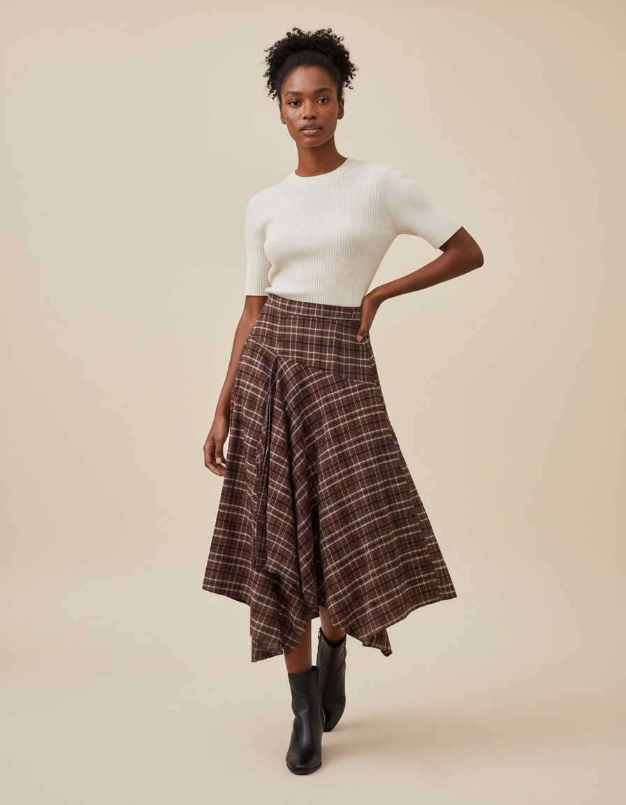 Jupe Longue Carreaux Marron Ourlet Asymétrique Vintage