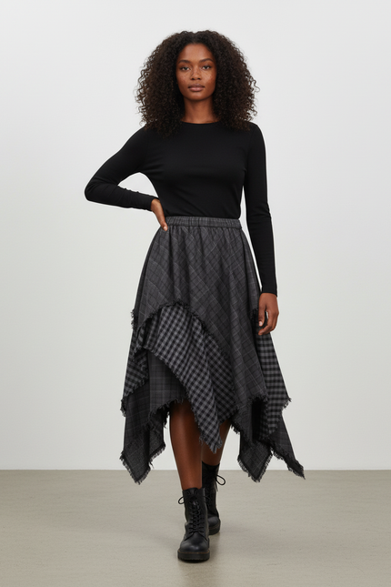 Jupe Longue Plaid Asymétrique Fluide