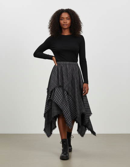 Jupe Longue Plaid Asymétrique Fluide