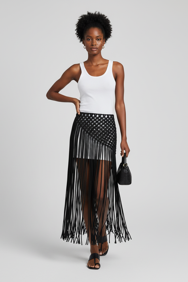 Jupe Longue Noire À Franges Bohème