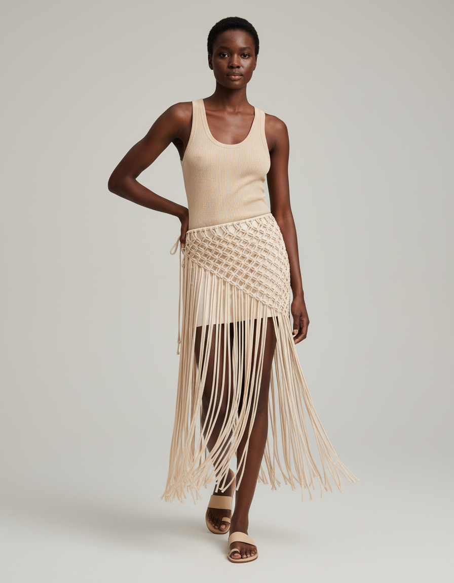 Jupe Longue Macramé Franges Bohème