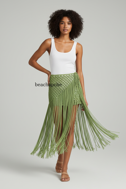 Jupe Longue Vert Franges Bohème