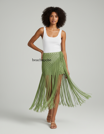 Jupe Longue Vert Franges Bohème