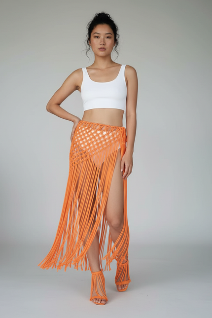 Jupe Longue Orange Franges Bohème