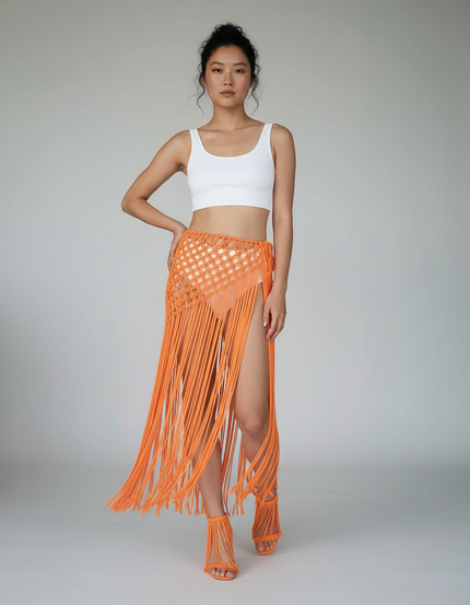 Jupe Longue Orange Franges Bohème