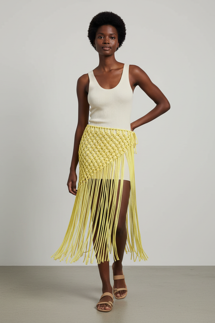 Jupe Longue Jaune Franges Bohème