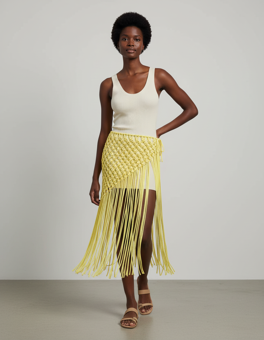 Jupe Longue Jaune Franges Bohème