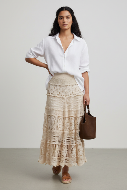 Jupe Longue Écru Crochet Bohème