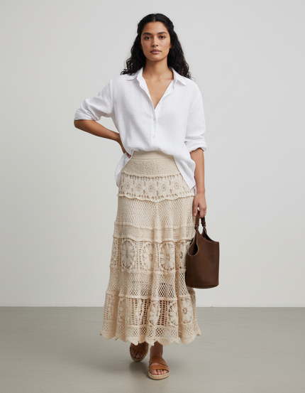 Jupe Longue Écru Crochet Bohème