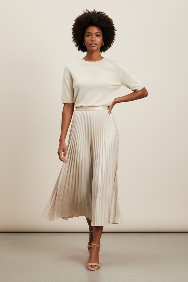 Jupe Longue Plissée Beige