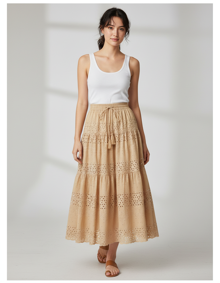 Jupe Longue Beige Brodée Élégante