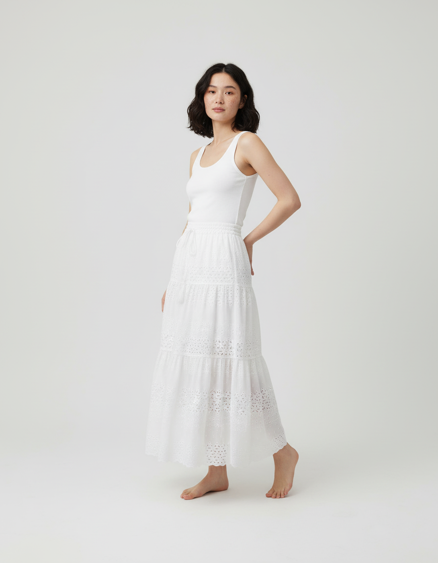 Jupe Longue Dentelle Ajourée Blanche Bohème