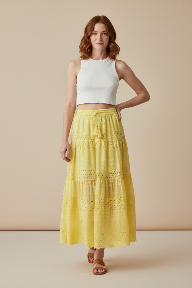 Jupe Longue Jaune Broderie Anglaise Bohème