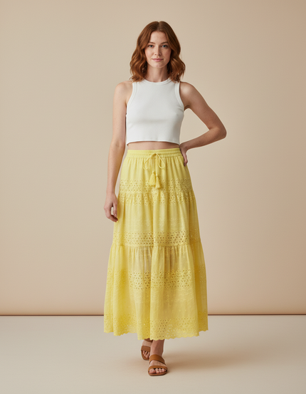 Jupe Longue Jaune Broderie Anglaise Bohème