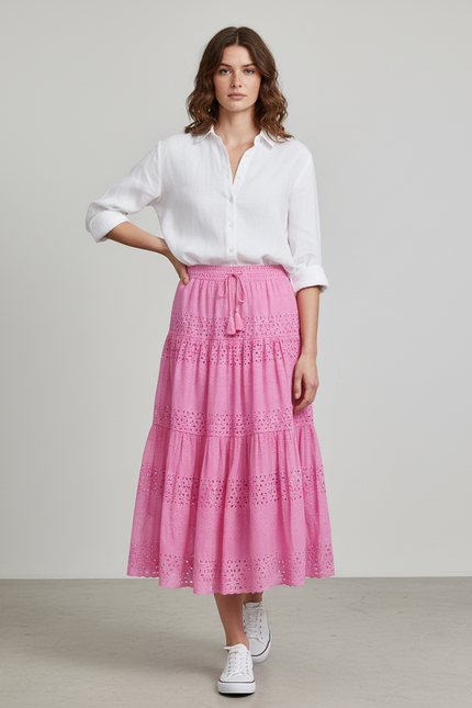 Jupe Longue Rose Broderie Anglaise Élégante