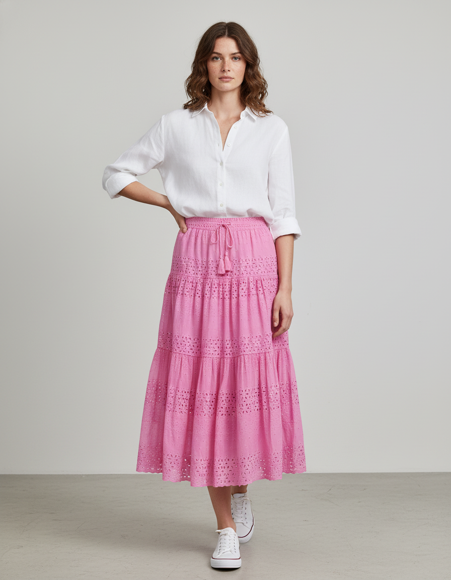 Jupe Longue Rose Broderie Anglaise Élégante