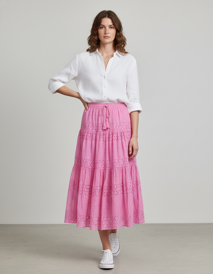 Jupe Longue Rose Broderie Anglaise Élégante