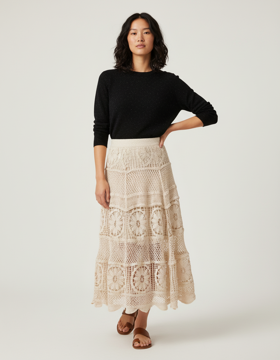 Jupe Longue Crochet Beige Bohème