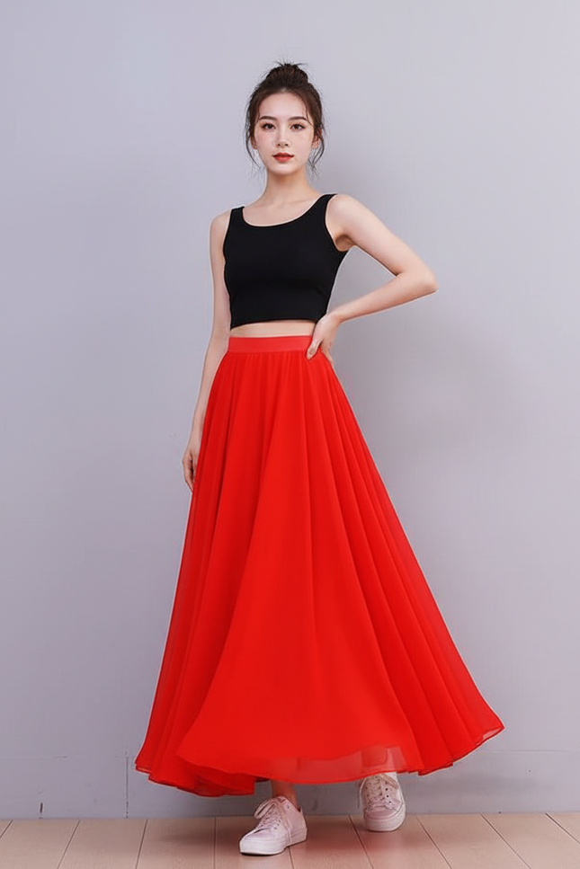 Jupe Longue Rouge Mousseline Fluide