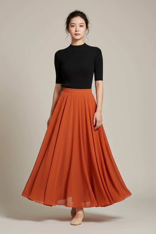 Jupe Longue Fluide Orange Élégante
