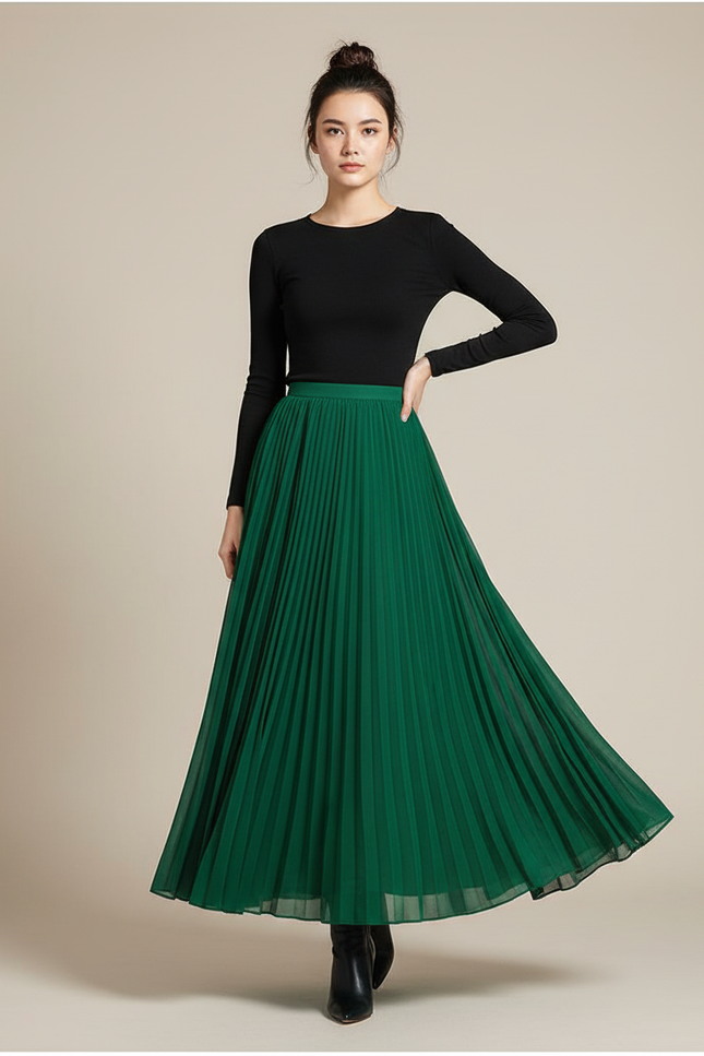 Jupe Longue Verte Plissée Fluide Tendance