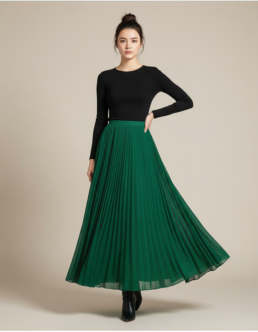 Jupe Longue Verte Plissée Fluide Tendance